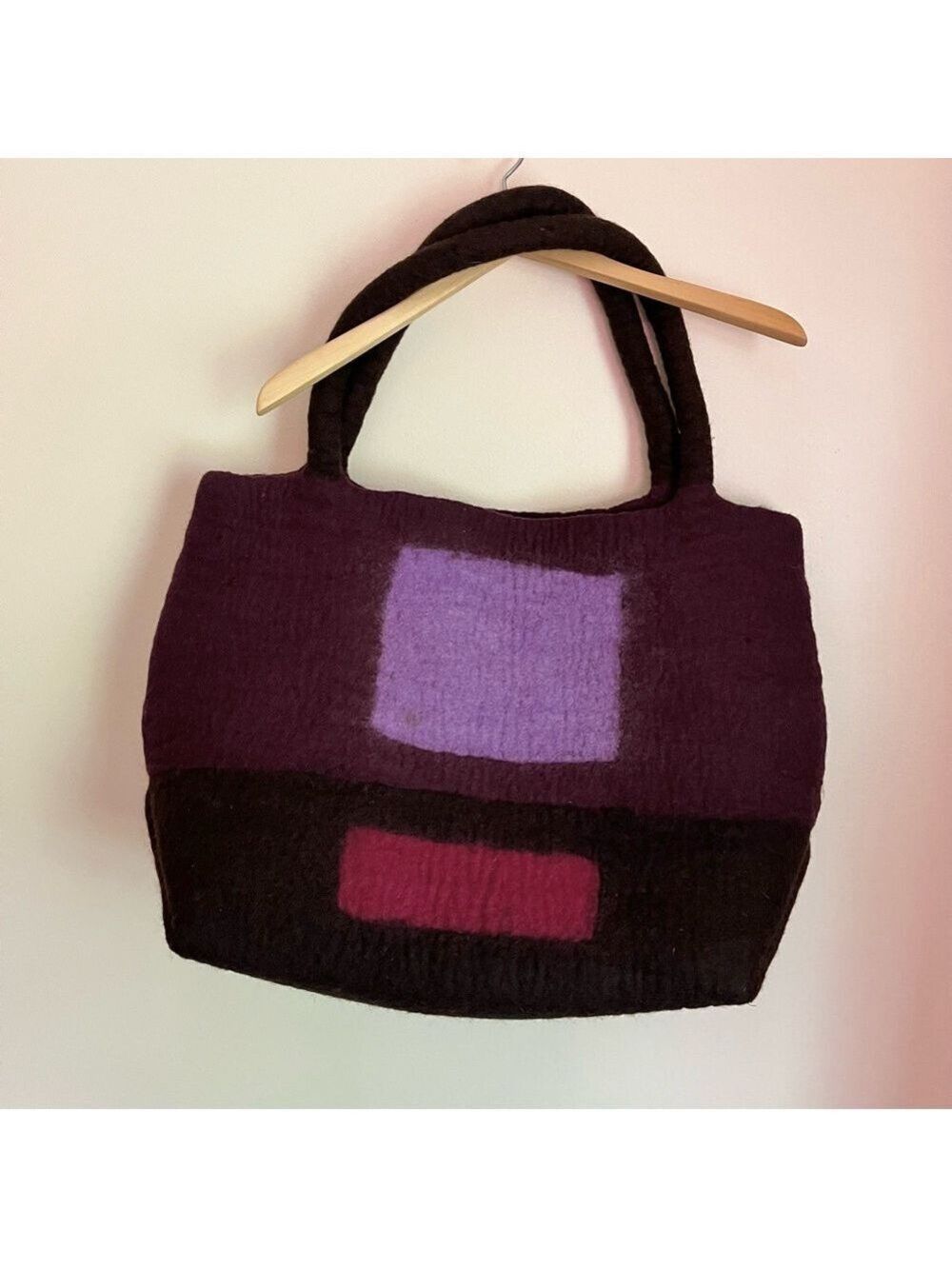 Erik & Mike Wool Felt Tote Bag Colorblock Burgundy Purple Handmade Nepal Artsy
